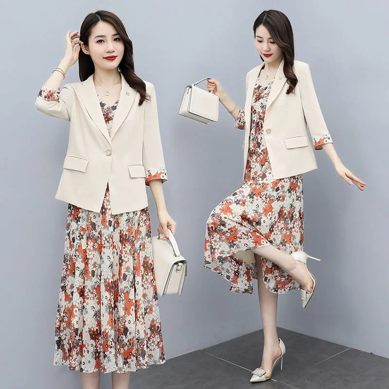 

Women Dress Suits 2022 Spring New Korean 2 Piece Sets Print Long Dresses Office Ladies Large Size 4XL Women Dress Sets X336