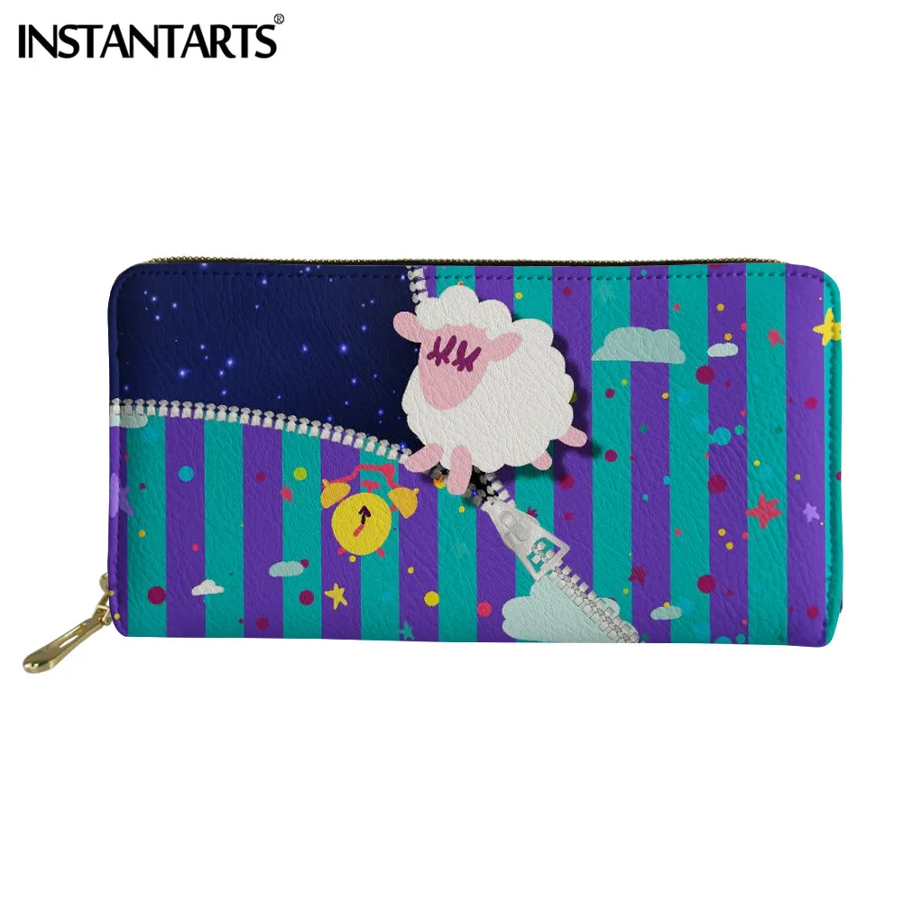 

INSTANTARTS Cartoon Starry Zipper Cute Sheep Pattern Women Long Clutch Wallets Female Fashion PU Leather Lady Card Holder Unisex