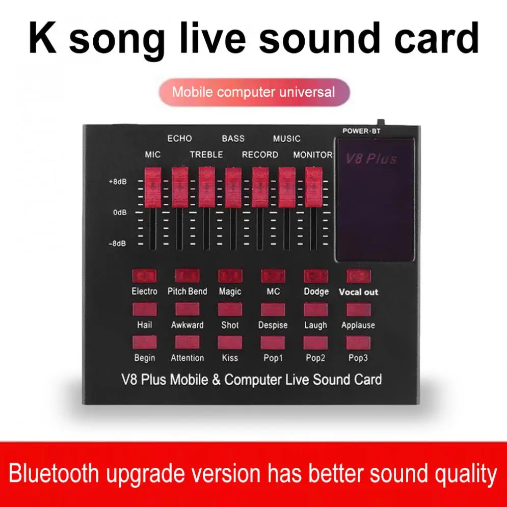 

V8 Plus Bluetooth-compatible Sound Card with Display Audio USB Headset Microphone Webcast Live Interface External Sounds Card
