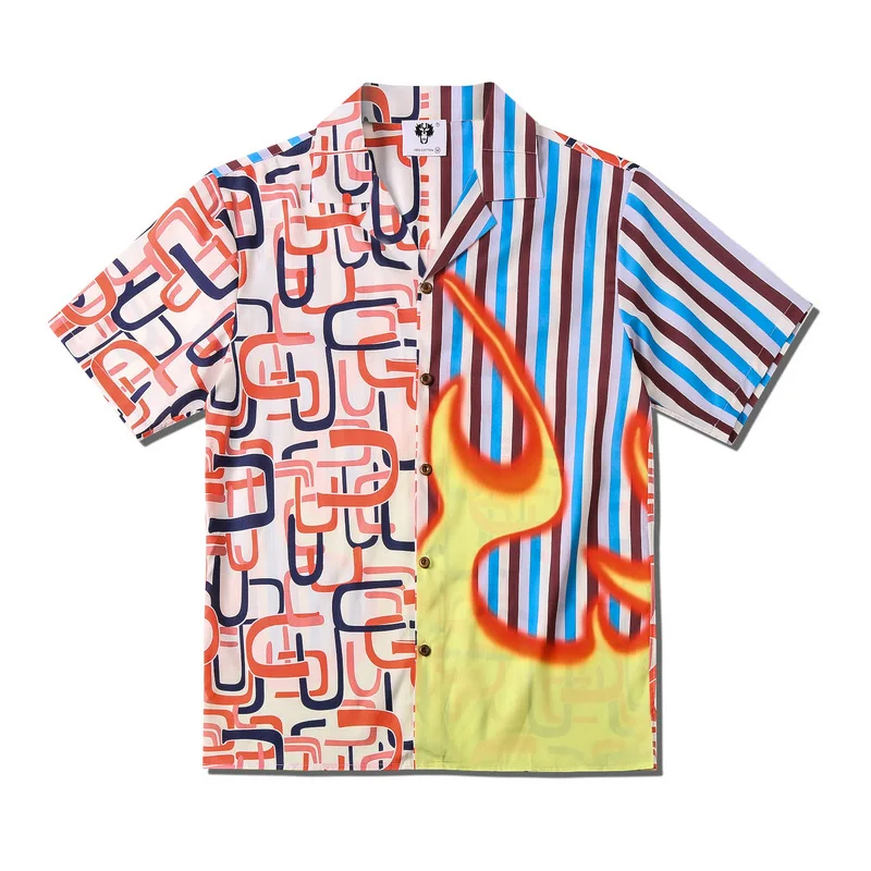 

Summer New Trendyol Mens Flame Print Loose Short Sleeve Striped Shirts Vintage Casual Oversized Man Hawaiian Beach Shirt Chemise