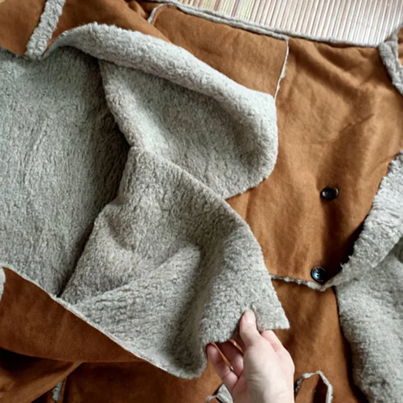 Женское пальто из овечьей шерсти Свободное макси замши с мехом ягненка зимняя