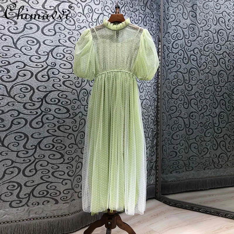 

Элегантное женское платье во французском ретро-стиле с воротником-стойкой, Сетчатое лоскутное платье в горошек, светло-зеленое платье из дв...