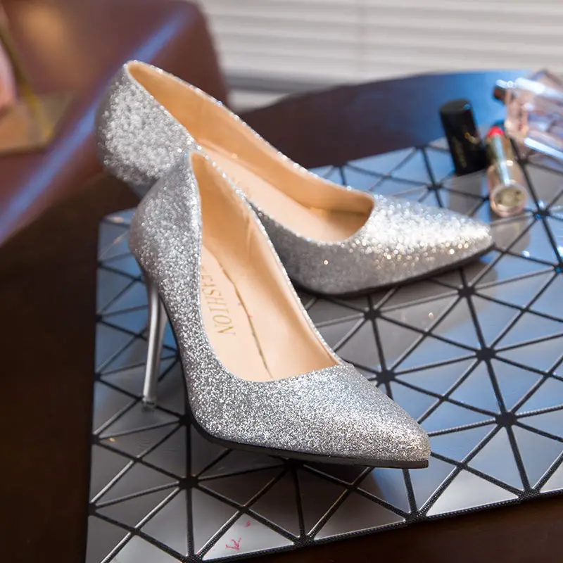 New Spring Women Pumps High Thin Heels Pointed Toe Metal Decoration Sexy Bling Bridal Wedding Shoes Gold 9cm | Обувь