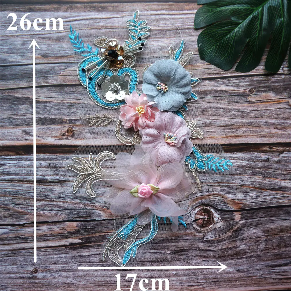 Розовая синяя 3D Цветочная кружевная ткань с пайетками вышитая одежда аппликация