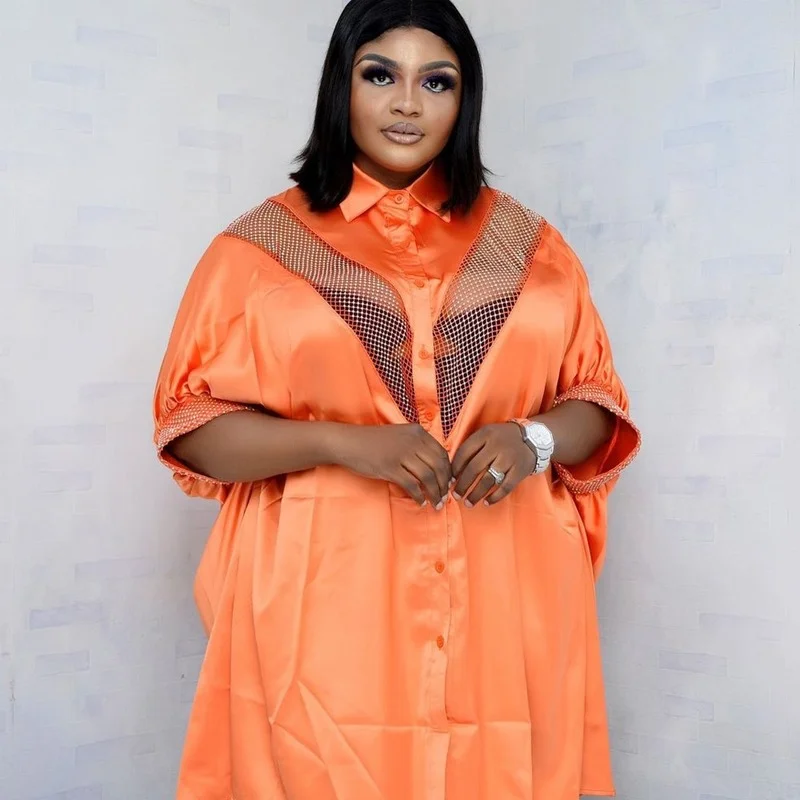 

African Dresses For Women 2021 Autumn Plus Size Outfit Elegant Lady Silk Dress Christmas Party Clothing Bat Sleeve Robe Femme