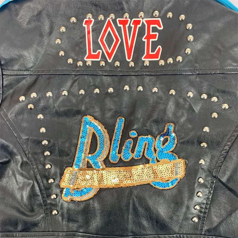 Autumn hot sale rivet leopard print letters stitching street trend motorcycle clothing plus size women's leather clothing