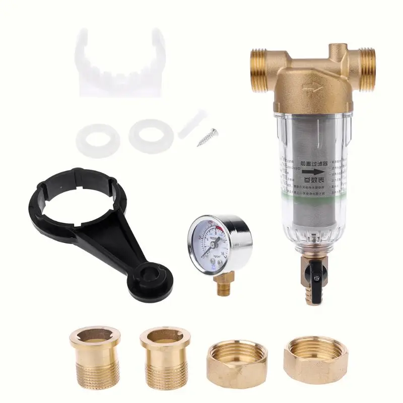 

Water Pre Filter System 3/4" 1" Brass Mesh Prefilter Purifier with Pressure Gauge Reducer Adapter