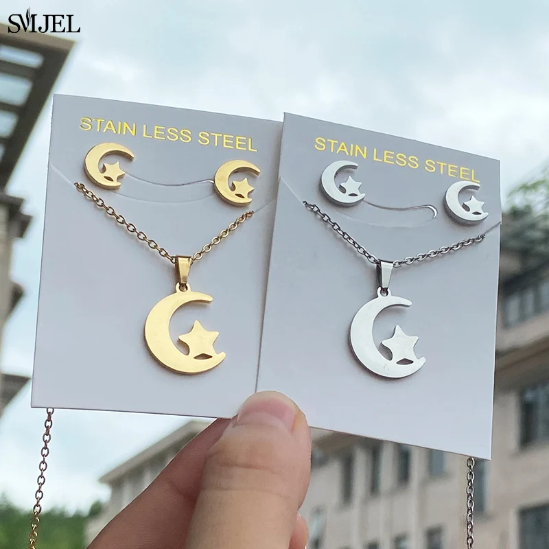 Romantic Stainless Steel Moon Star Necklaces Earrings Fashion New Crescent Moon Earrings Gold Color Jewelry Sets Children Gifts