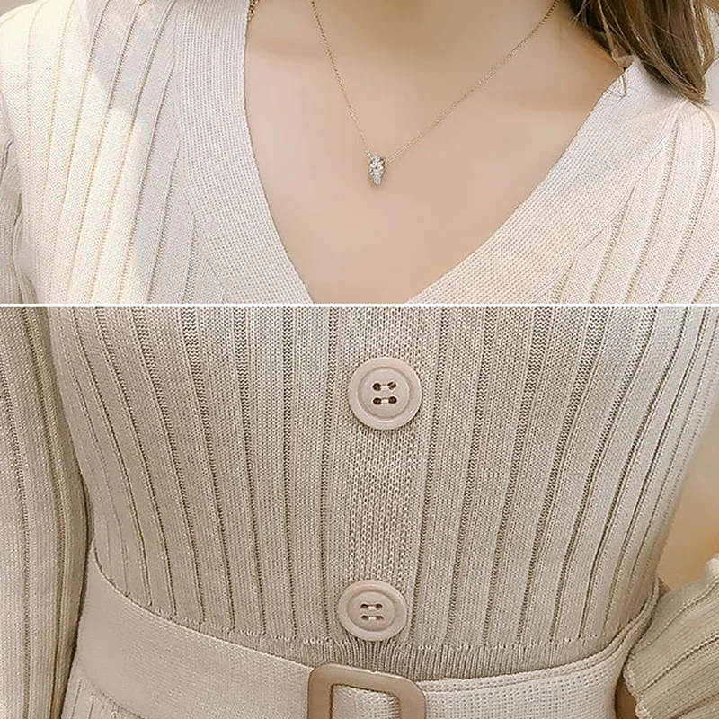 

Sexy V-neck Winter knitting Dress Women Elegant Office Lady Slim Waist Sweater Dress Ladies Vintage Long Sweater Dresses