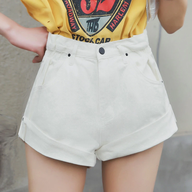Denim Shorts Women's White Women Short Jeans Khaki Wide Leg Elastic Waist Vintage High Summer | Женская одежда