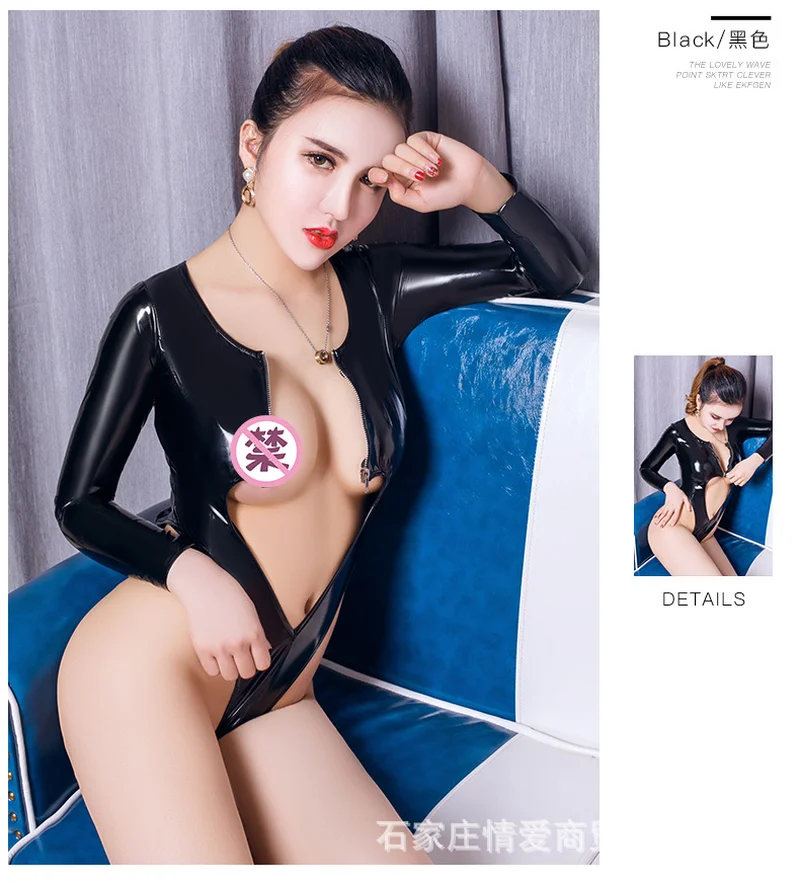 Женский облегающий боди из ПУ кожи с V образным вырезом и длинным рукавом| |