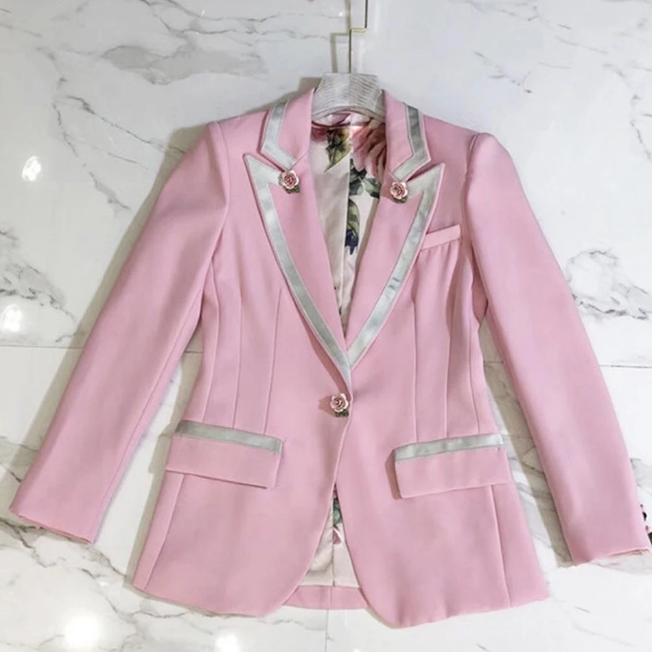 

2021 New Fashion Designer Blazer Jacket Women Slim Long Sleeve Flower Button Slim Pink Ladies Coat Female Clothing