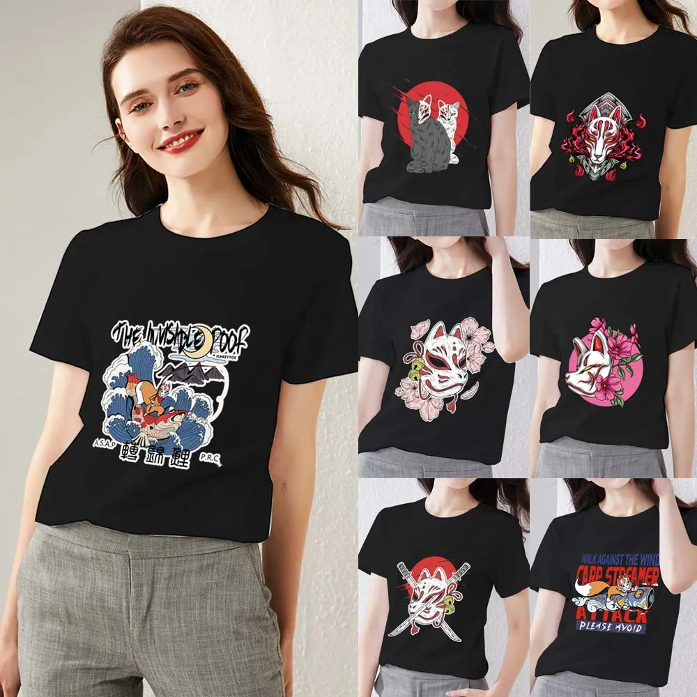 

T-shirt Women's Summer Slim Tops Fashion Japanese Anime Fox Mask Harajuku Pattern Printing Series Casual Soft O-neck Ladies Tops