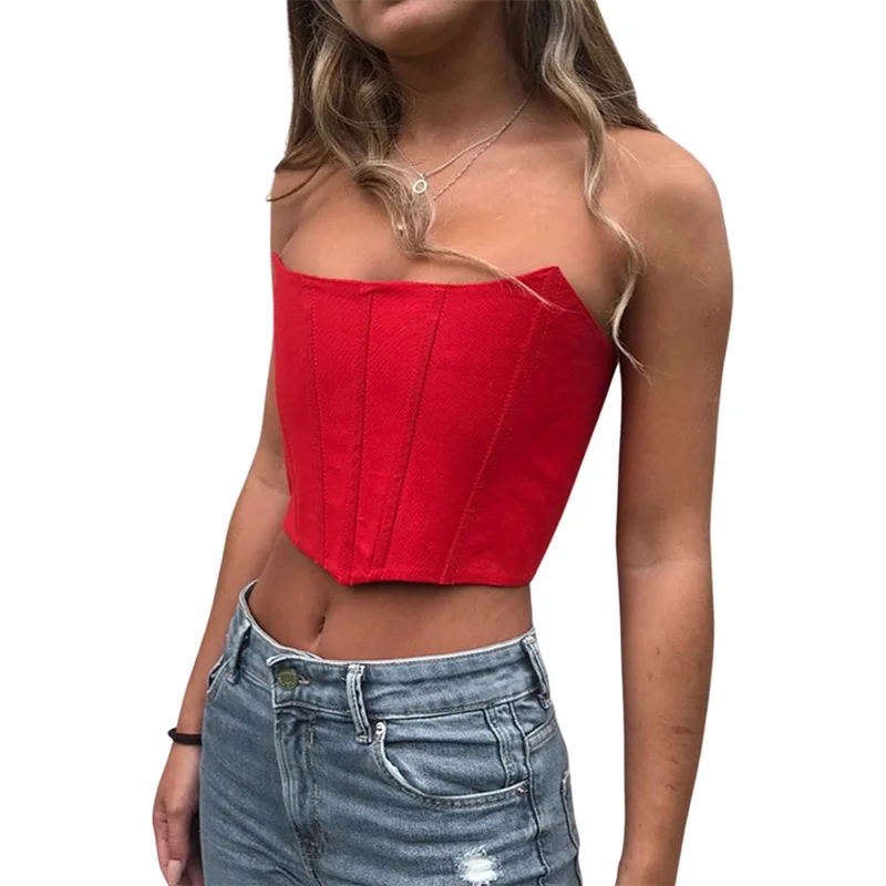 

Fashion Women Casual Backless Close-fitting Tube Tops Solid Color Boat Neck Sleeveless Crop Tops