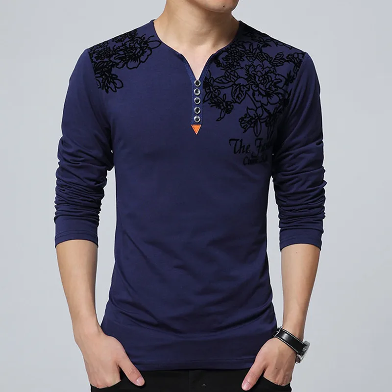 

2021 Autumn Fashion Floral Print Men T-shirt Henry Collar Button Decorate Long Sleeve T-shirt for Men Tops Plus Size 5XL