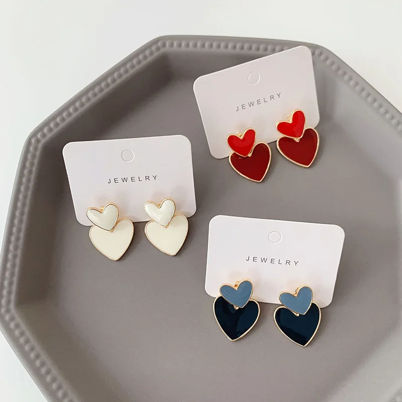 

Origin Summer Simple Metal Enamel Layed Heart Earrings for Women Red Blue White Love Heart Hanging Drop Earrings Wedding Jewelry