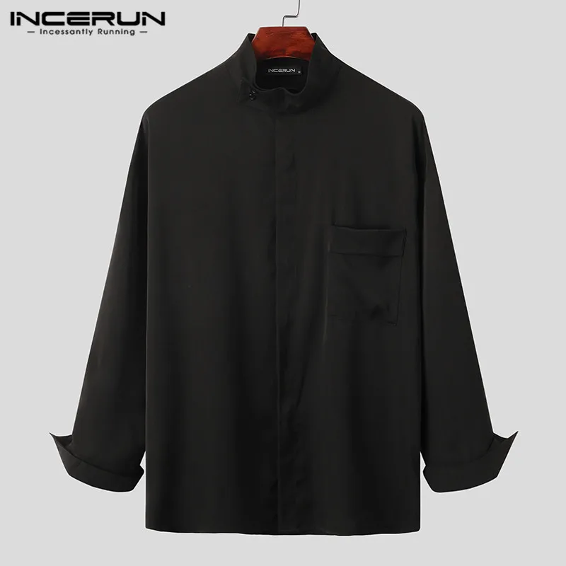 Man Casual Pockets Shirts Korean Style Loose Tops Mens Fashion Stand Collar Shirts Long Sleeve Solid Color Blouse INCERUN 5XL 7
