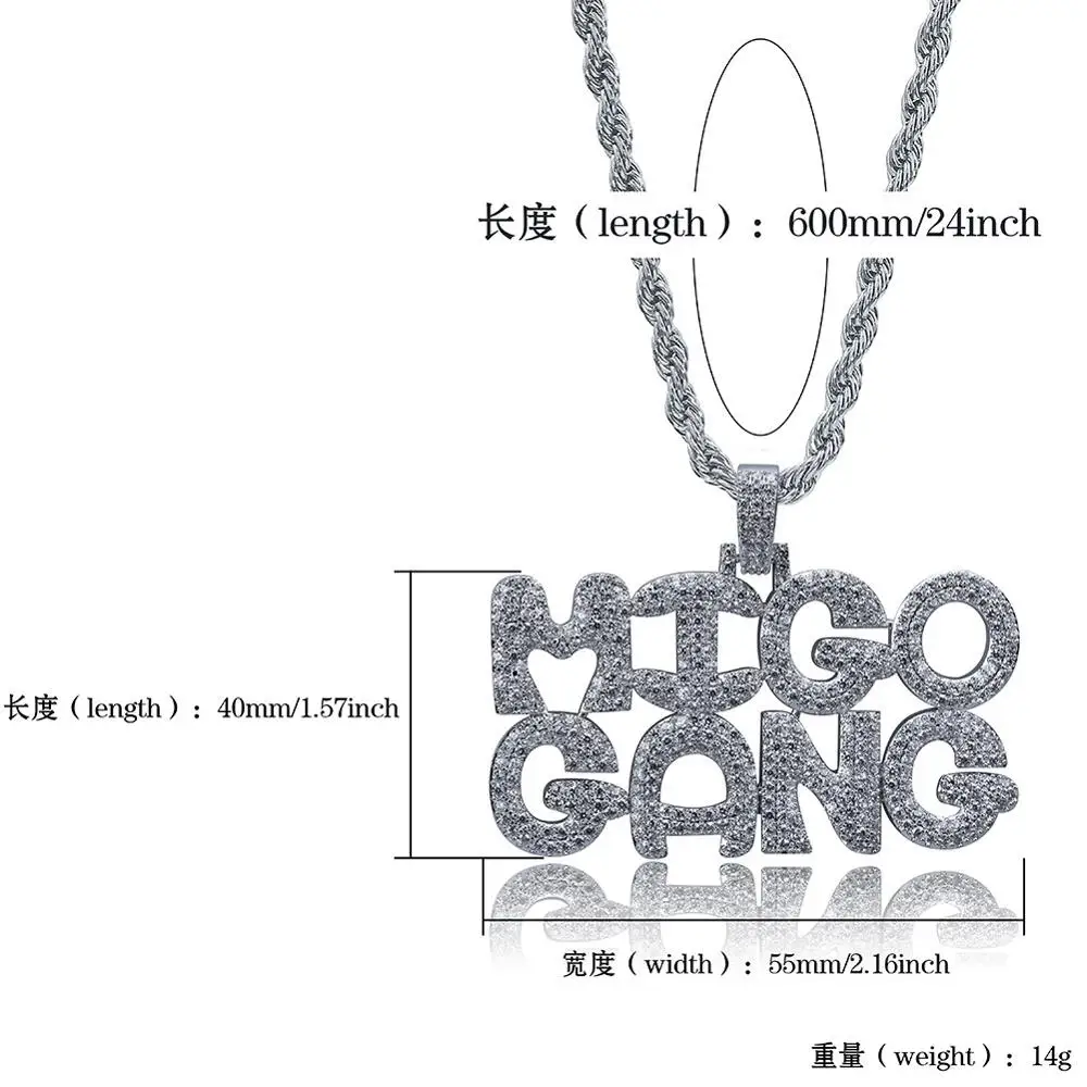 

Bling MIGO GANG Letter Necklace & Pendant Shiny Ice Out Link Chain Necklace With Tennis Chain Choker Hip Hop Jewelry For Men