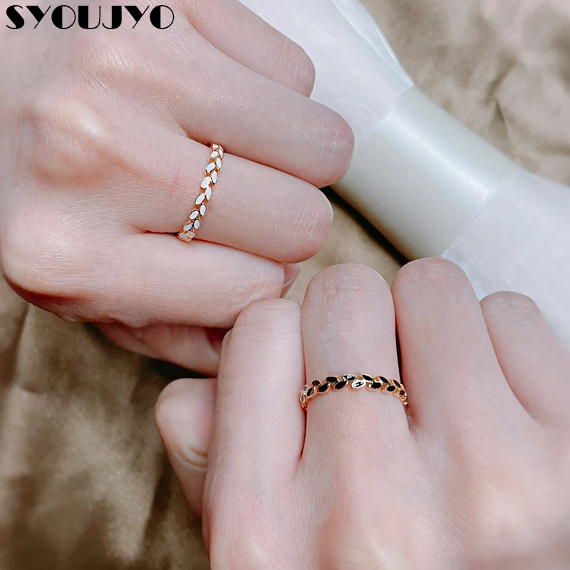 

SYOUJYO New Fashion 585 Rose Gold Rings For Women Korean Smart Casual Enamel Leaf Couple ring 2021 Trend Fine Jewelry Party Gift