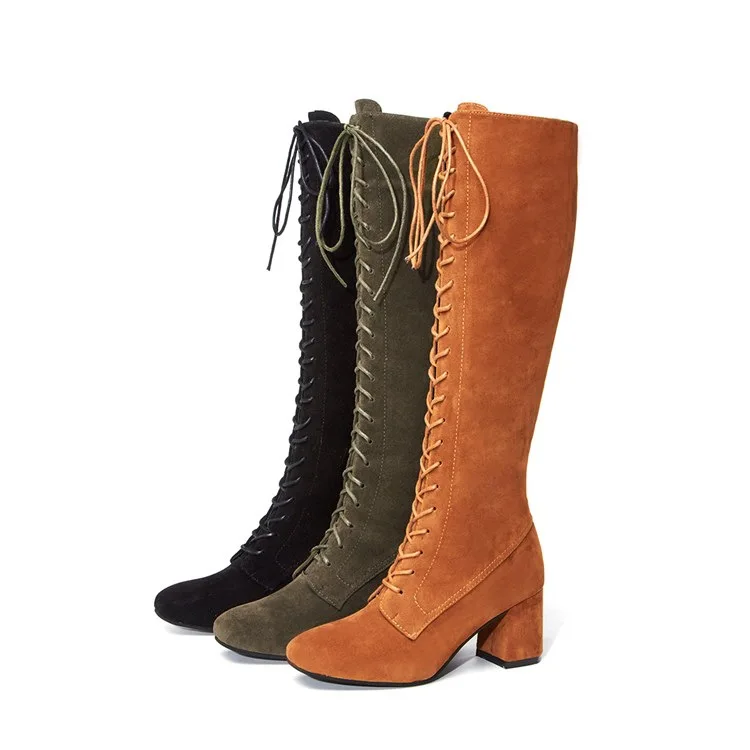 Женские ботинки на высоком каблуке больших размеров до колена толстой шнуровке