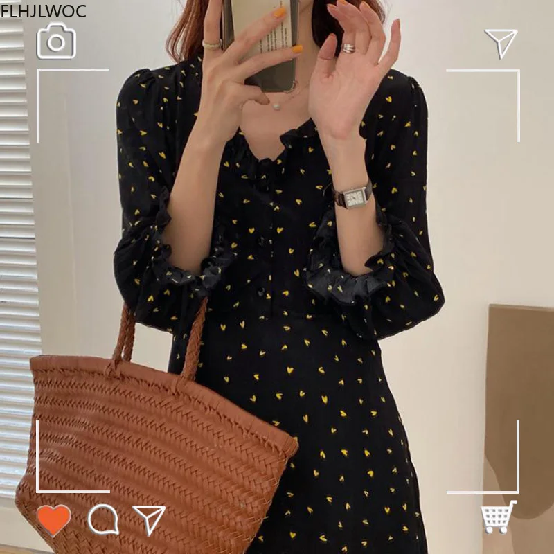 

Retro Vintage Black Floral Dress Autumn Basic Wear Cute Sweet Temperament Lady Women A Line Long Chic Korea Japan Style Dresses