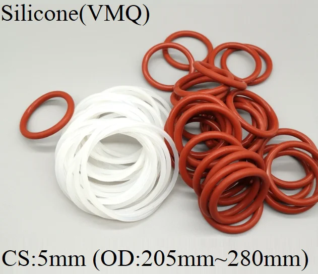 1pc Seal O Ring Gasket CS 5mm Thickness OD 205mm ~ 280mm VMQ Silicone Rubber Waterproof Washer Spacer Insulated Round Red White |