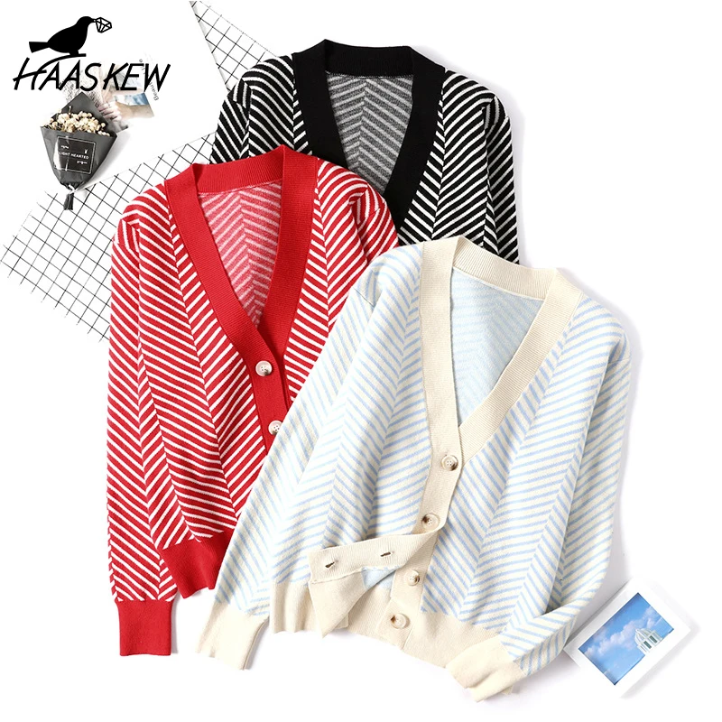 

HAASKEW Single Breasted Striped Cropped Cardigan Women Button Up Cotton Sweaters Women Autumn Winter Casual Knitwear V-Neck