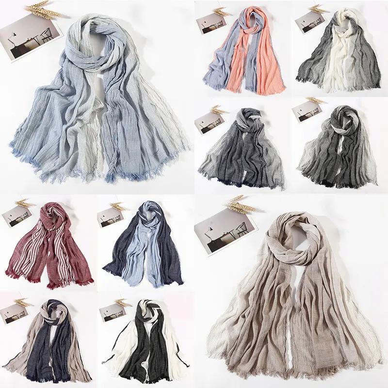 

2020 Pleated Scarf Unisex Style Scarf Wrinkled Scarves Striped Cotton Linen Soft Tassels Colorful Autumn Winter Long Scarves