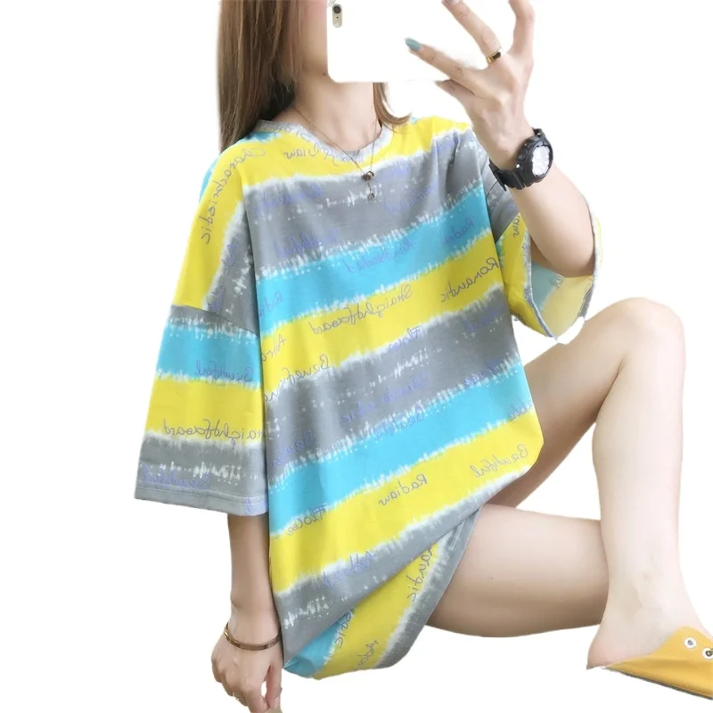

Colored Stripe Summer Large Size Women's T-shirt Round Neck Short Sleeve Tops
