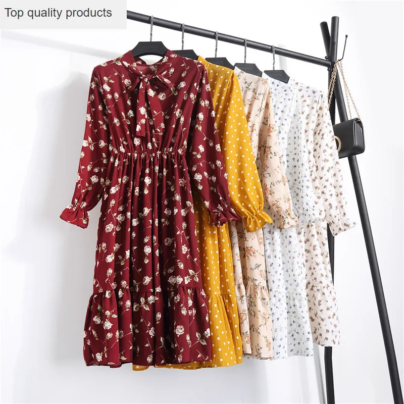 2020 Модное шифоновое платье для женщин повседневное винтажное с длинным рукавом и