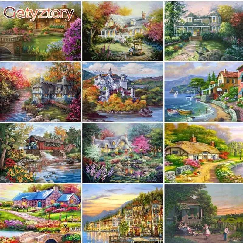

GATYZTORY House Pictures By Number Flower House Handpainted Home Decoration Oil Painting By Number Landscape Drawing Canvas Wall