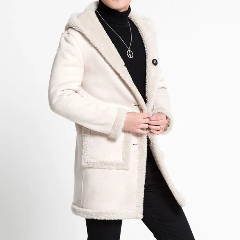 

Hoodie Winter Men Shearling Jacket Wool Lining Warm Mid Long Real Fur Coat Slim Fit Business Man Suede Leather Jackets M-5XL