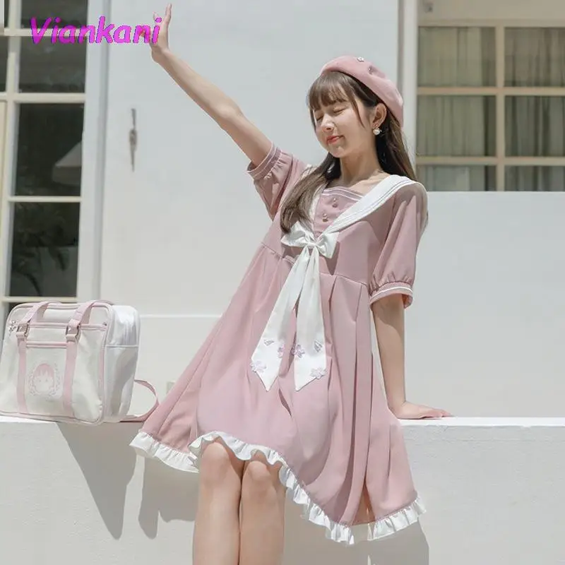 

Women Half Sleeve Dress Sweet Sailor Collar Bow Japanese Preppy Style Loose Female Lovely 2022 Ruffles Streetwear Ins Dresses