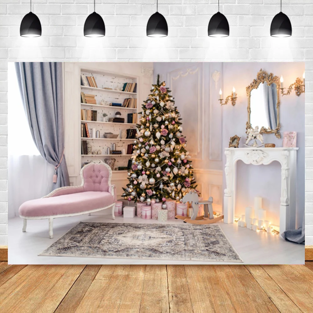 

Laeacco Indoor Christmas Tree Bookshelf Gift Sofa Baby Birthday Portrait Backdrop Photographic Photo Background For Photo Studio