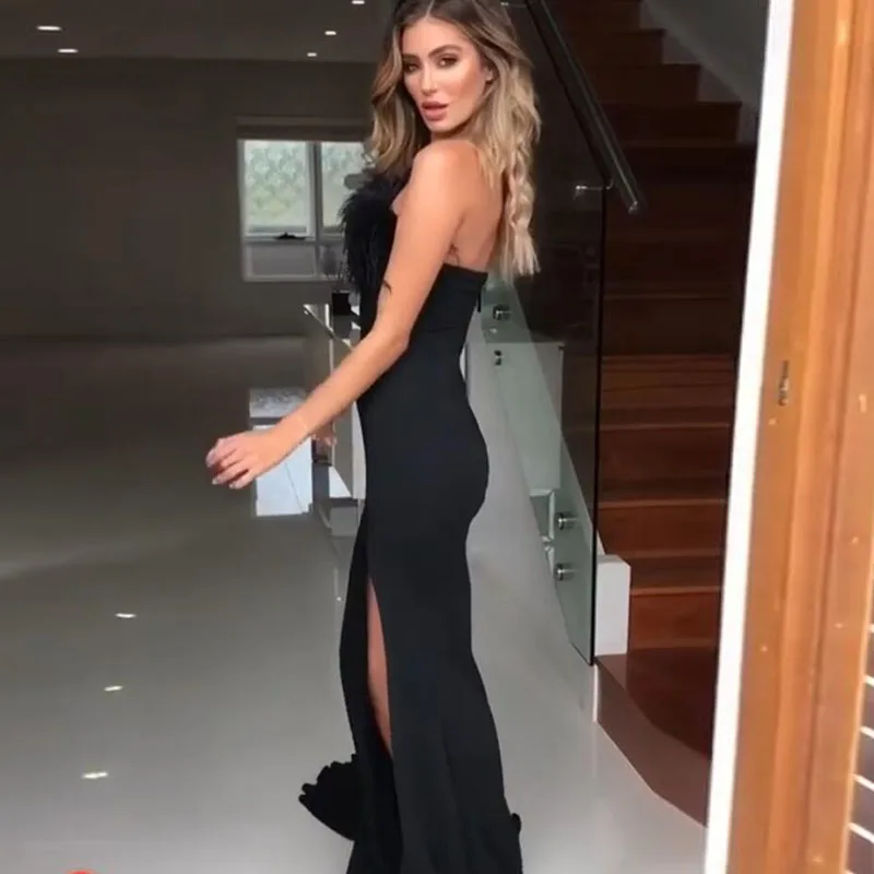 Соблазнительное черное официальное вечернее платье с перьями платье-Русалка до
