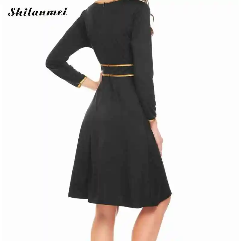 

2019 Autumn Patchwork Casual Dress Pockets O Neck Winter Long Sleeve Elegant Dress Knee Length Dresses Office Lady Work Dress
