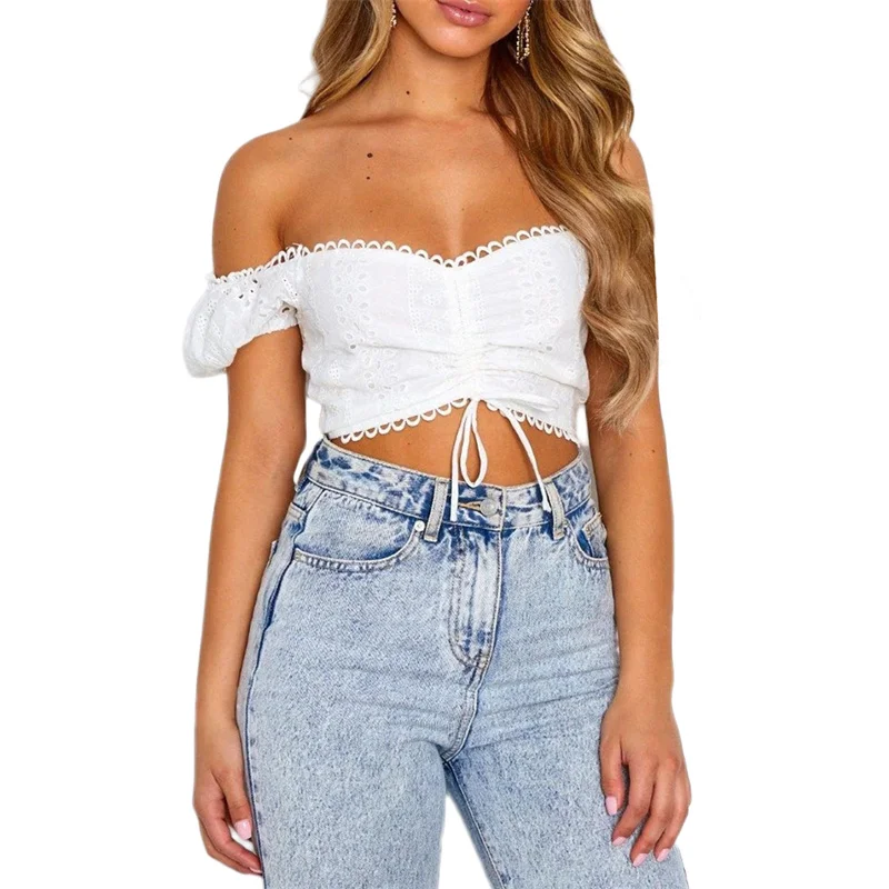 

Women's Summer Sexy Short Sleeve Hollow Out Off Shoulder Tops Lace-Up Chest Vest Elastic For Ladies Shopping Dating Tanks Top