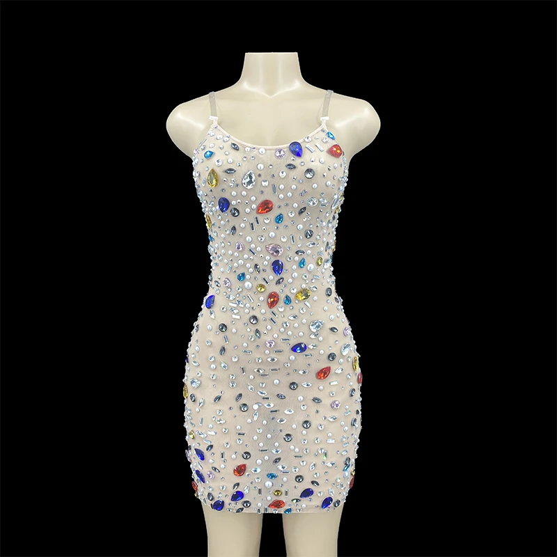 

Красочные кристаллы жемчужины сексуальное Сетчатое платье для выпускного вечера сексуальное прозрачное многоцветное Стразы Костюм на день рождения