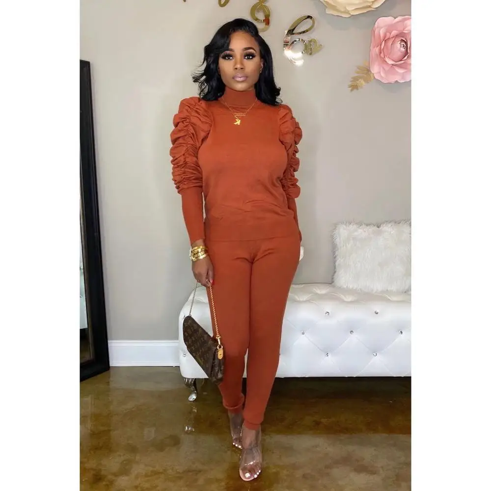 orange 2 piece set Adogirl, Однотонный женский модный повседневный комплект из двух предметов, водолазка, пуловер с длинным рукавом, топ, брюки-карандаш, спортивный костюм, женская одежда - Цвет: orange 2 piece set