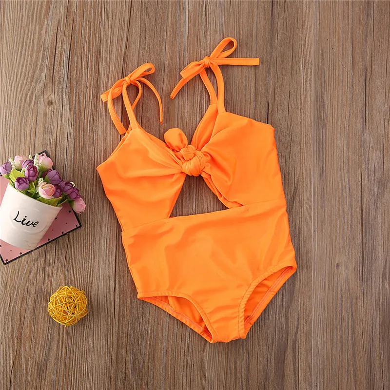 Женский слитный купальник бикини с бантом однотонный пляжный для девочек лето