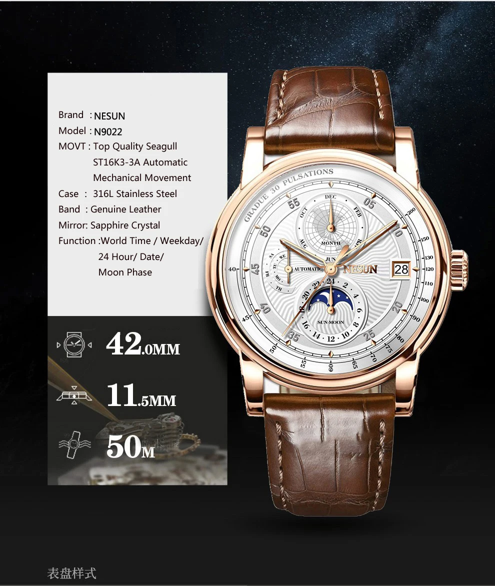 Швейцария NESUN мужской роскошный бренд часов Moon Phase авто механические мужские наручные часы Сапфировая кожа Relogio часы N9022-3