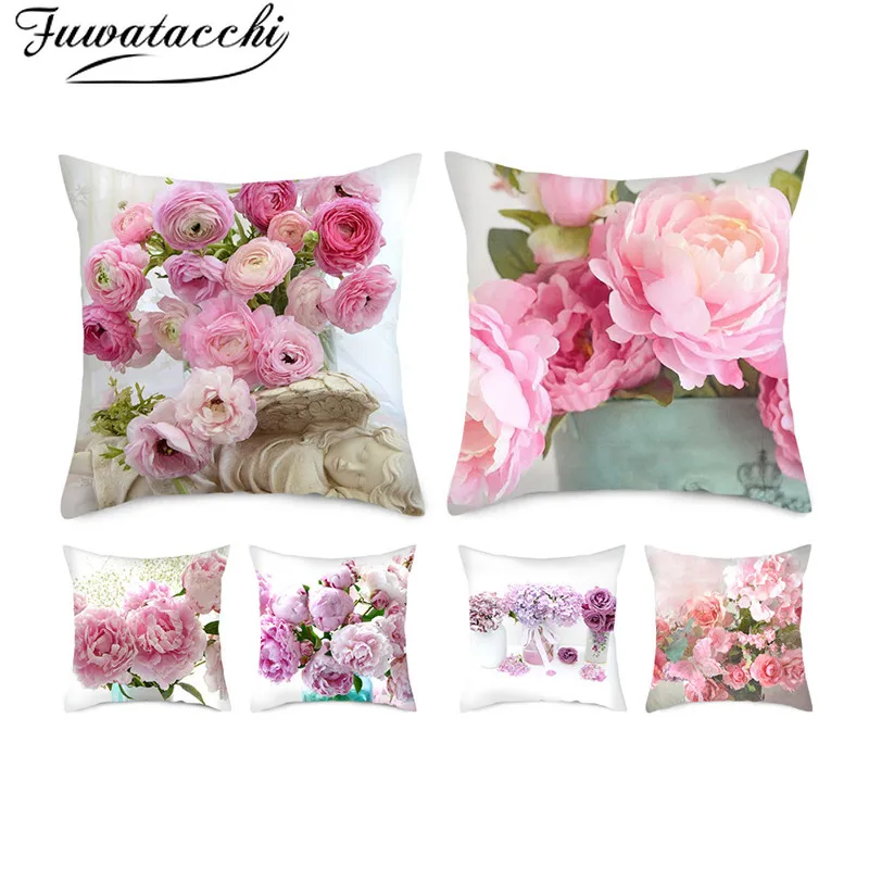 

Fuwatacchi Pink Flower Cushion Covers Beautiful Pillow Cases Cotton for Bedroom Sofa and Chair Decorative Pillow Covers 45*45