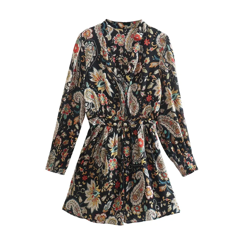 

Платье-мини женское с цветочным принтом, длинным рукавом и V-образным вырезом