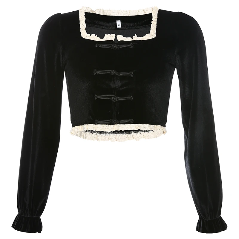 Black T-shirt Darlingaga, китайский стиль, винтажная велюровая футболка, Осенний укороченный топ, кружево, пэчворк, Pankou, женские футболки, квадратный вырез, рубашка, элегантная - Цвет: Black T-shirt