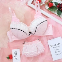 sexy young girl womens cute cat underwear set sweet lolita bow lace trim bra panties set lingerie set push up bra set pink