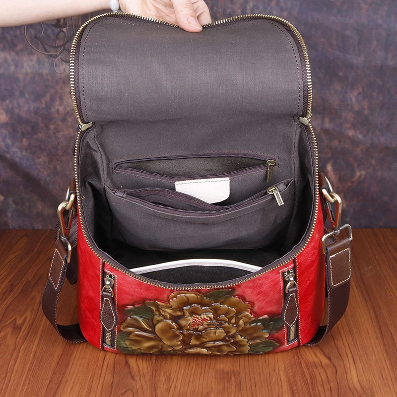 

Genuine Leather Women Rucksack Daypack Shoulder Cross Body Bag For 3 Use School Knapsack Flower Female Real Cowhide Backpack New