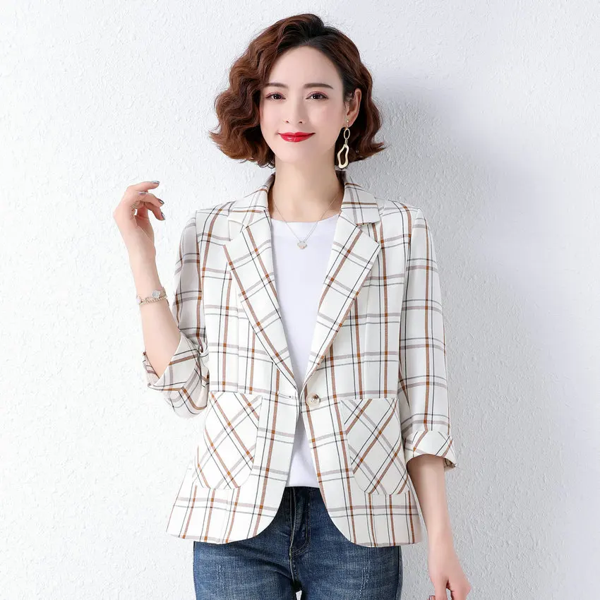 

Women Smart Casual Plaid Blazer Spring Summer White Black Red Checked Pattern Jacket Suit Offoce Lady Three Quater Sleeve Coat