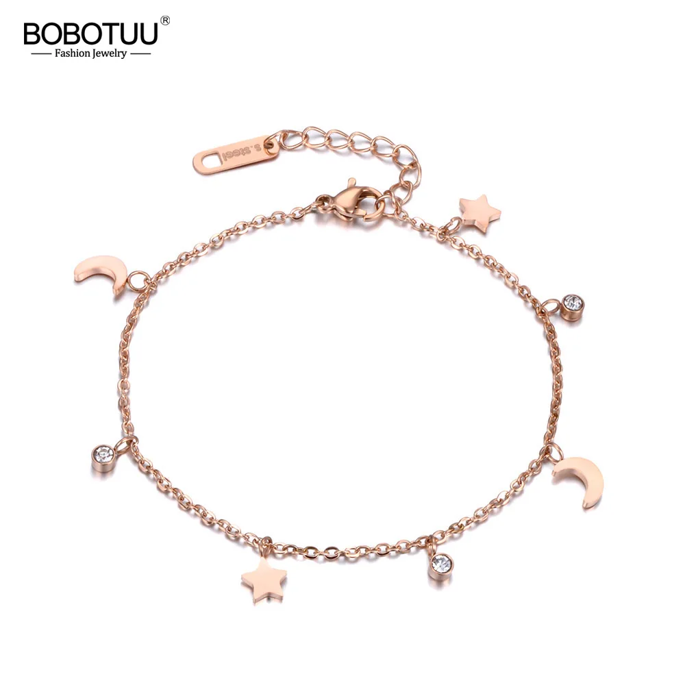 Модный браслет BOBOTUU с кристаллами Луна и звезда CZ из нержавеющей стали розового