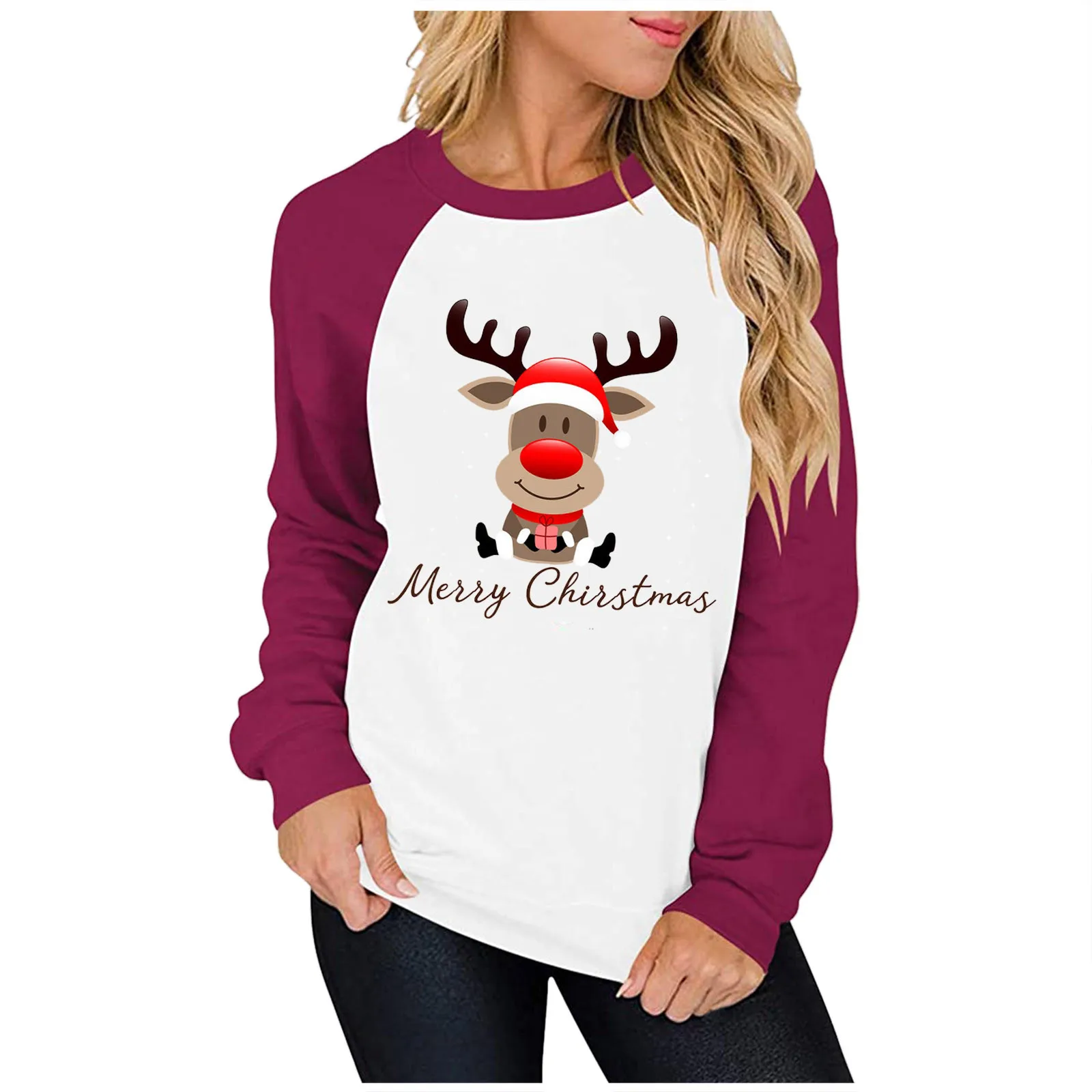 

Women Tops Long Crewneck Shirt Raglan Christmas Sweatshirt Sleeve Women's Hoodies & Sweatshirts
