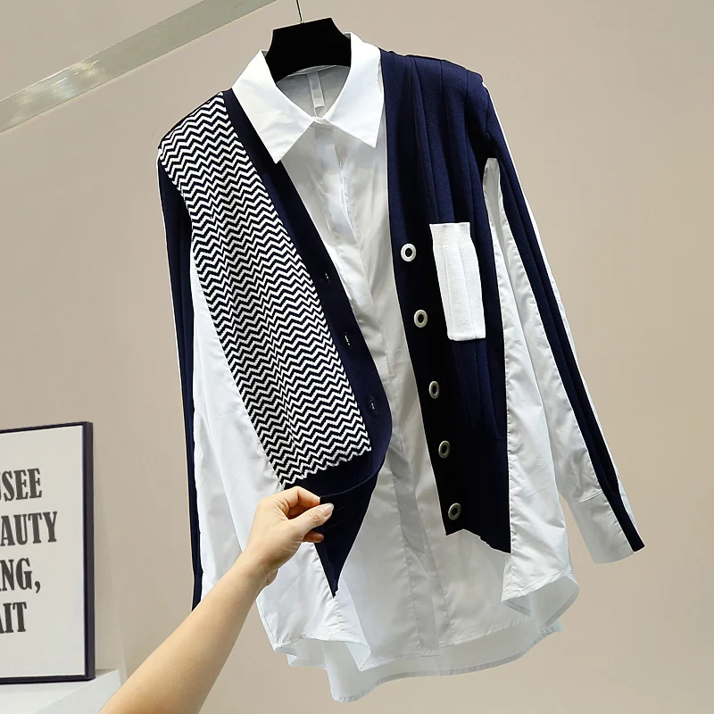 Fashion Design Knitted Shirt Patched Double Layer Buttons Faux Two Piece Tops Fall Women White Blouse